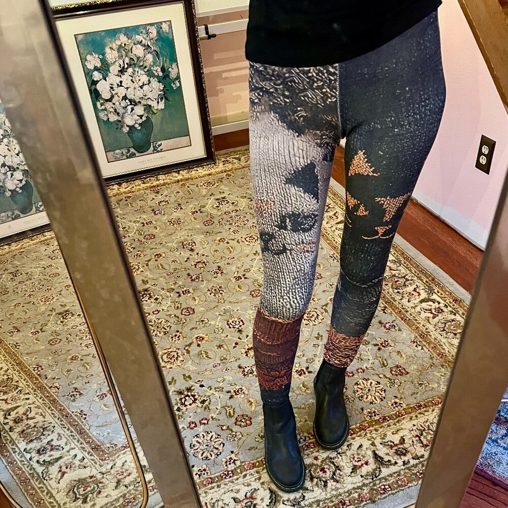 Faux Knit Cat Print Leggings - Fall/Halloween Novelty Leggings - Small